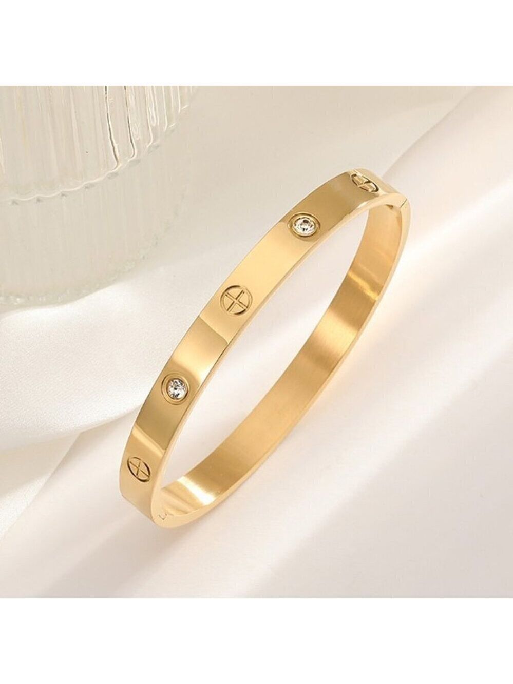 18K Gold Plated Stainless Steel Screw Style Bangle, Simulated Diamond